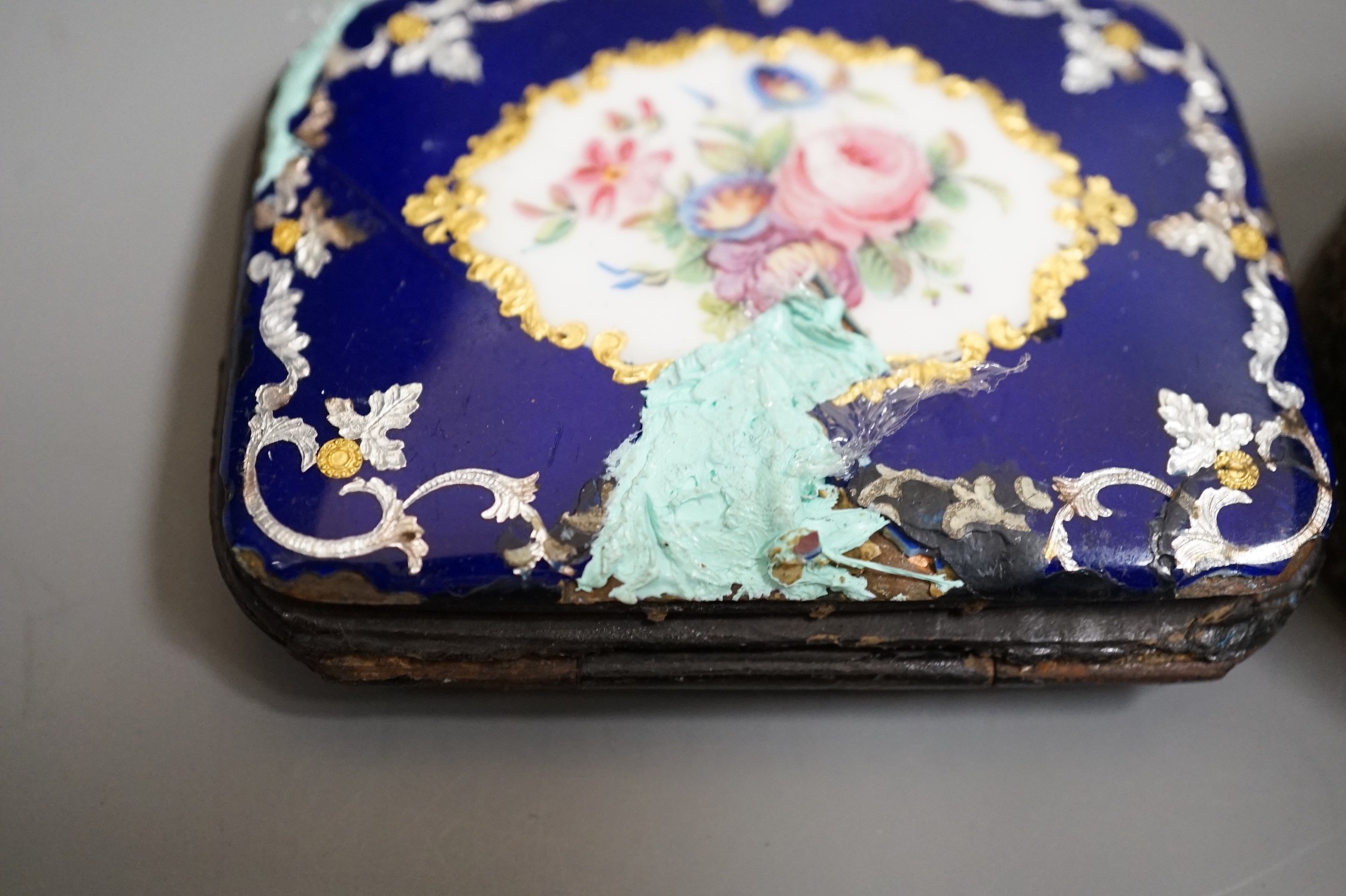 A mixed collection of enamel, tortoiseshell and other purses, a Chinese porcelain box and enamel topped box